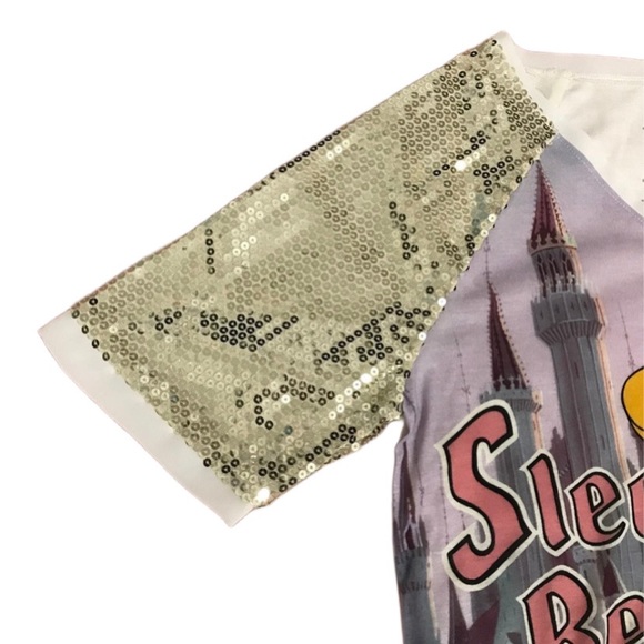 DISNEY SLEEPING BEAUTY BAMBI SEQUIN SLEEVE WOMEN’S TOP Sz L - Picture 4 of 8